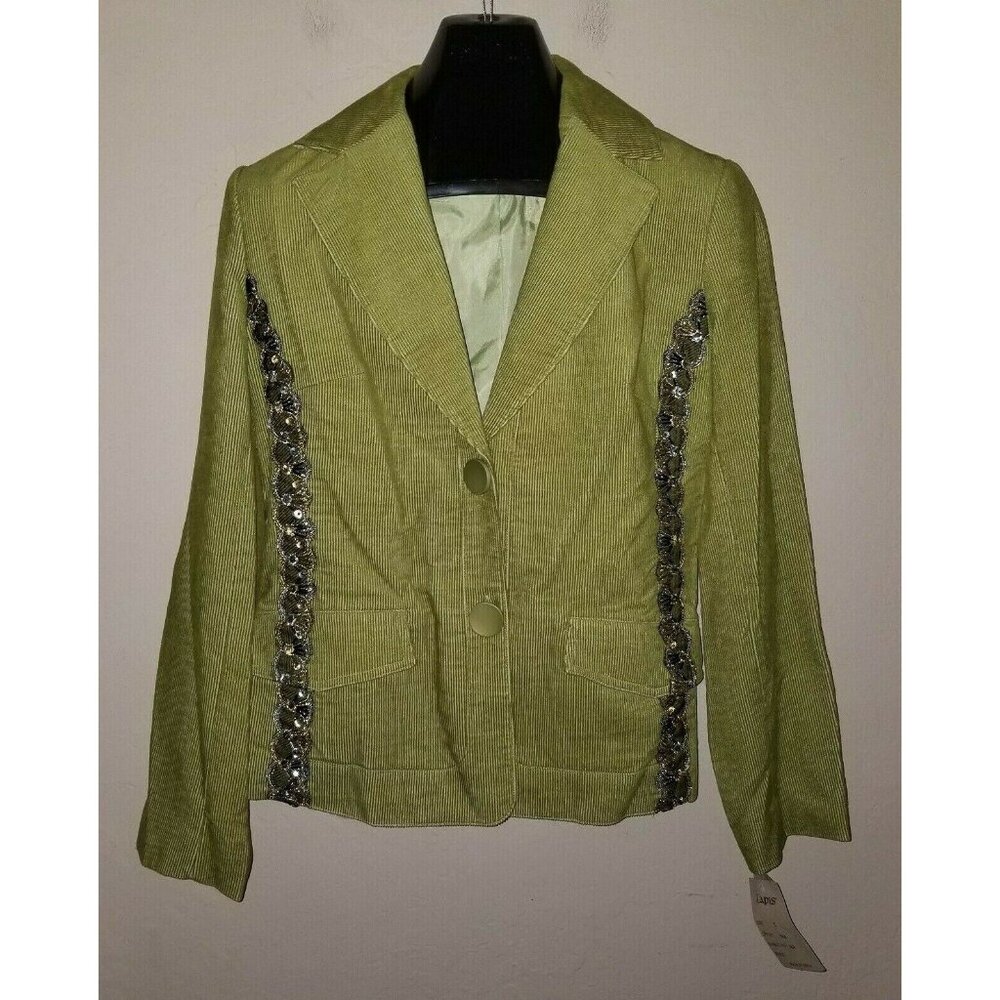 New Lapis Women Embellished Sequin Two-Button Corduroy Blazer Jacket Green Large
